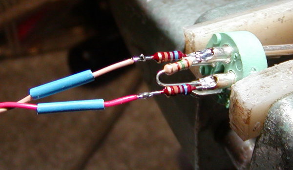 wires soldered to loose ends of the resistors. Note shrink sleeving.